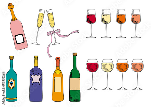 手描き線画　ワイングラス・ワイン・スパークリングワイン・ワインボトルセット Cheers in Line Art Series:Hand-drawn Line Art Hand-drawn line drawing wine glass, wine, sparkling wine, wine bottle set
