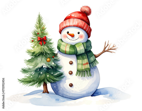 Hand-Painted Watercolor Snowman Holding Decorated Christmas Tree, Isolated PNG