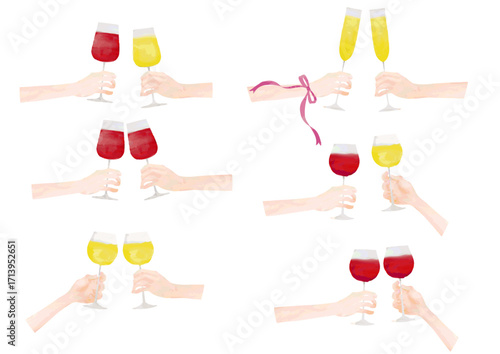 水彩風　二人で乾杯するイラスト(いろいろパターン)Cheers in Watercolor Series:Two People Toasting