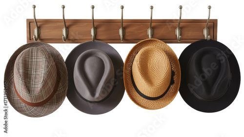 A product photography shot of four vintage-style fedora hats displayed on a wooden wall-mounted coat rack. Isolated on transparent background.