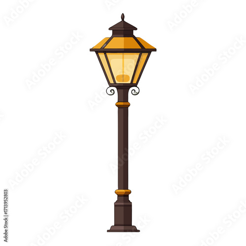 An old-fashioned street lamp with a glowing yellow light.