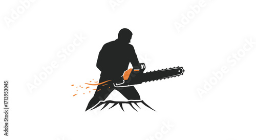Silhouette of a lumberjack wielding a chainsaw with paint splatter design