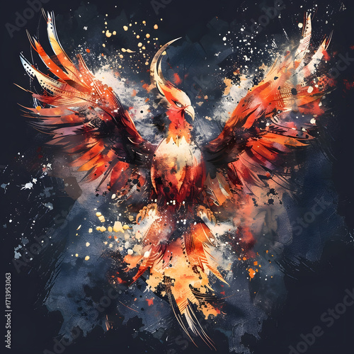 Abstract and Fiery Painting of a Majestic Phoenix Rising