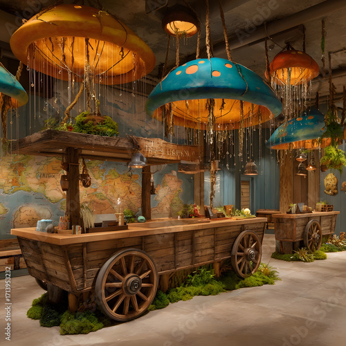 Whimsical Fantasy Market Cart with Mushroom-Shaped Umbrellas