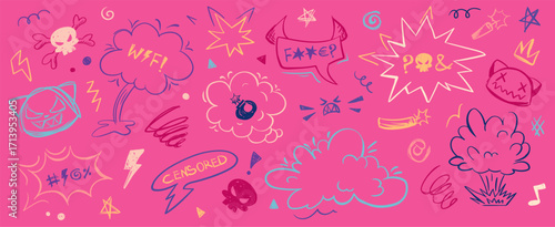 Crayon doodle speech bubbles with colorful chalk lines and abstract swear words. Angry expressions, rude symbols, curse shapes. Vector hand drawn conversation frames with bad, negative emotion