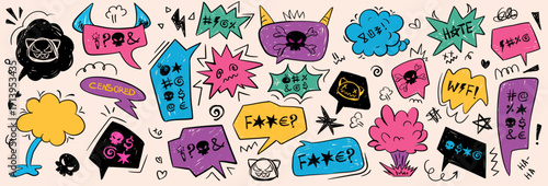 Crayon doodle speech bubbles with colorful chalk lines and abstract swear words. Angry expressions, rude symbols, curse shapes. Vector hand drawn conversation frames with bad, negative emotion