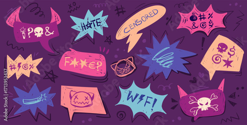 Crayon doodle speech bubbles with colorful chalk lines and abstract swear words. Angry expressions, rude symbols, curse shapes. Vector hand drawn conversation frames with bad, negative emotion