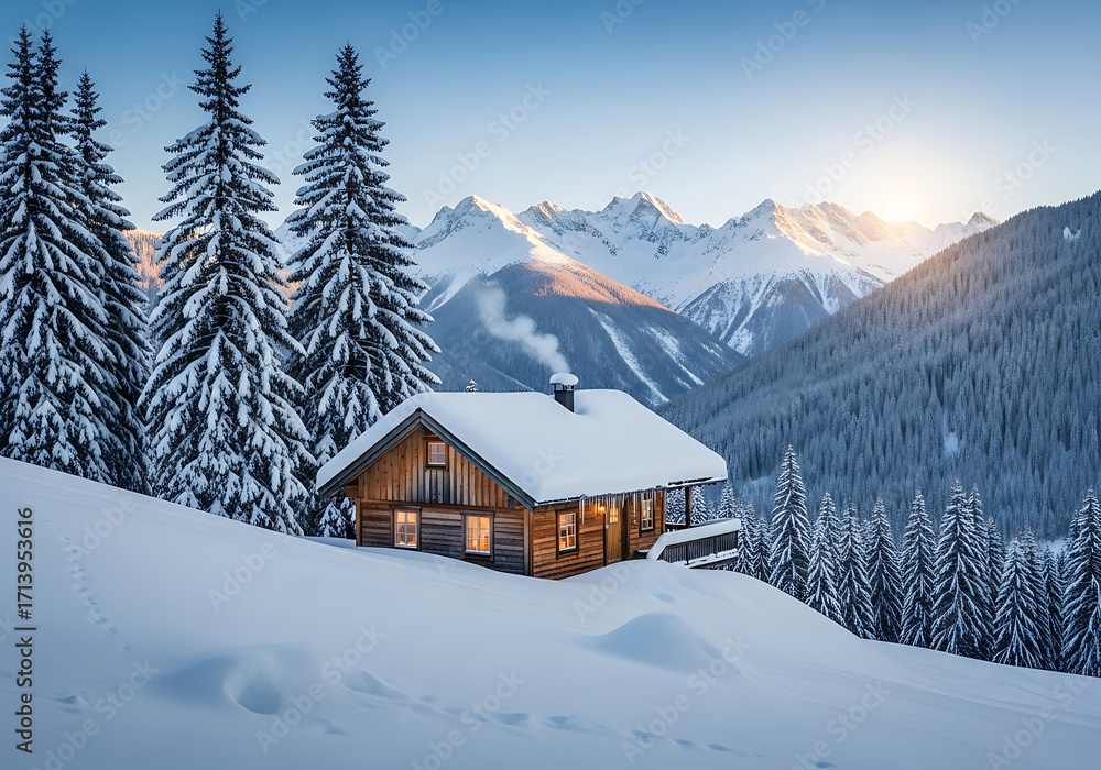 Fototapeta premium A cozy wooden cabin nestled amidst a snowcovered landscape, with towering pine trees and majestic mountains in the backdrop, illuminated by the warm glow of the setting sun on a clear winter day