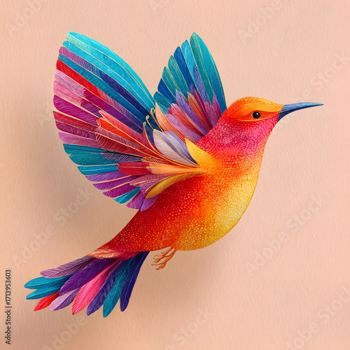 Beautiful Stylized Illustration of a Colorful Hummingbird in Flight
