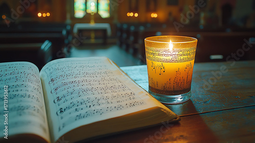 Wallpaper Mural Serene image of a lit candle beside an open hymnal in a dimly lit church.  Perfect for concepts of faith, spirituality, music, or remembrance. Torontodigital.ca
