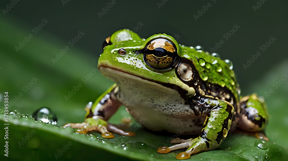 Naklejka premium Frog sitting on a green leaf, water droplets visible in macro detail