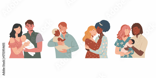 Diverse couples embracing newborns in flat illustration style Keywords: family, couple, baby