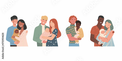 Diverse couples holding newborns in flat illustration style Keywords: family, couple, baby