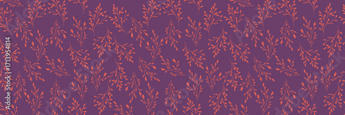 Seamless vector pattern with delicate red branches and leaves on a deep purple background. Elegant botanical design for fabric, wallpaper, wrapping paper, and decor