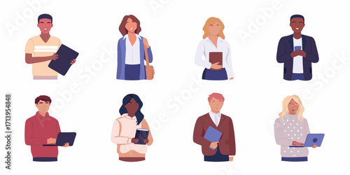 Eight diverse people in business and casual wear with devices