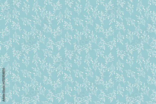Seamless vector pattern with delicate white botanical branches on a soft blue background. Elegant, minimalistic designs for fabric, wallpaper, stationery, packaging, and digital designs