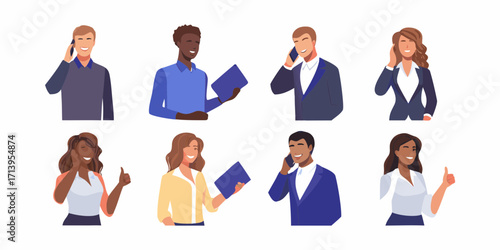 Eight diverse people in business attire using phones and giving thumbs up