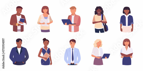 Ten diverse individuals in business and casual attire with devices