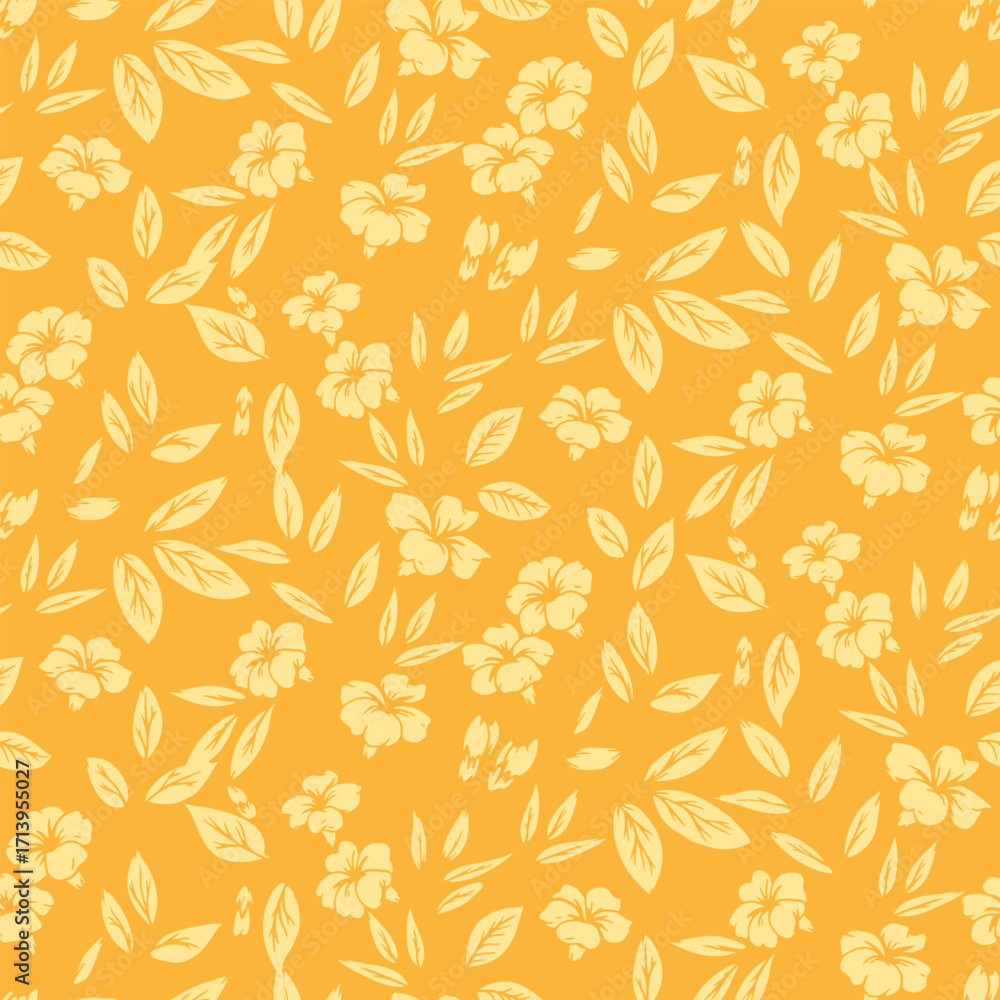 Fototapeta premium Seamless vector floral pattern with hibiscus flowers and leaves in light yellow on orange background. Tropical botanical design for fabric, wallpaper, wrapping, and decor
