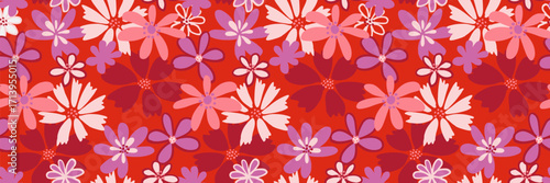 Seamless vector floral pattern with bold pink, purple and red flowers on vibrant red background. Retro inspired design for fabric, wallpaper, wrapping and decor