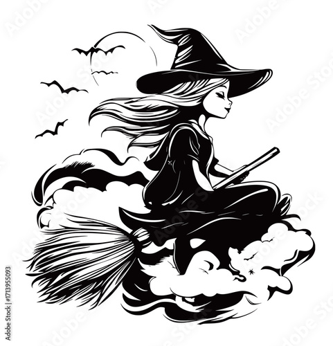 Flying Witch on Broom – Halloween Vector Illustration