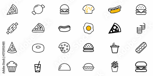 Delicious icons of pizza, burgers, hot dogs, donuts, fries, and sweet treats perfect for menus and food apps