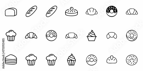 Delicious bakery icons showcase sweet treats like donuts, croissants, cupcakes, and bread perfect for food businesses and recipes