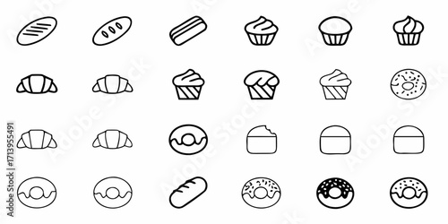 Delicious bakery icons featuring tempting breads, sweet cupcakes, flaky croissants, and delightful donuts perfect for menus and promotions.