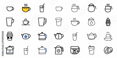 Diverse collection of hot and cold beverage icons including cups, teapots, glasses, and coffee makers for modern design