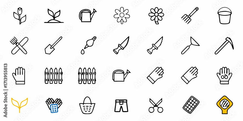 Naklejka premium Essential garden tools and supplies icons for cultivation, planting, and outdoor projects collection