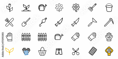 Essential garden tools and supplies icons for cultivation, planting, and outdoor projects collection