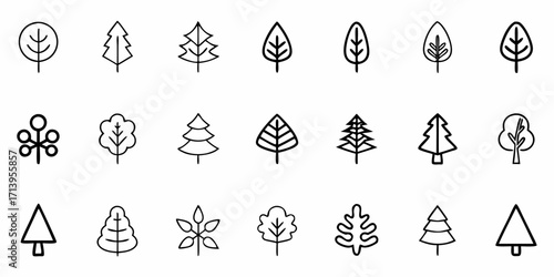 Diverse collection of simple, modern line art trees and leaves perfect for nature designs and eco branding