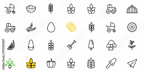 Whimsical farm icons featuring tractors, crops, and baby essentials for a charming agricultural theme