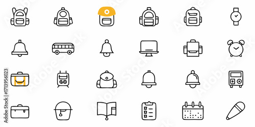Collection of charming hand-drawn icons depicting school supplies, travel essentials, and everyday objects
