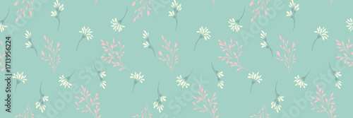 Seamless vector floral pattern with delicate cream blossoms and soft pink leafy branches on a pastel teal background. Elegant botanical design for fabric, decor, and wrapping
