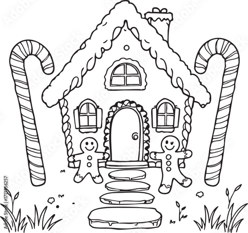 Whimsical gingerbread house with candy canes, smiling figures, and icing details in black and white Christmas vector illustration