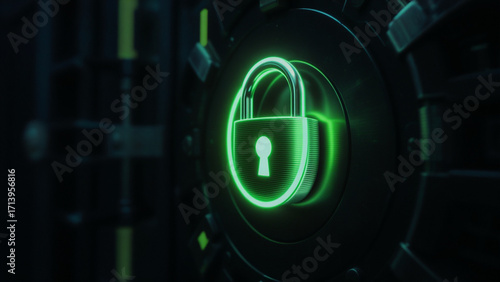 Green glowing padlock symbolizing trust and zero breach security in digital safe environment