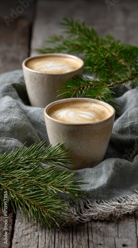 Steaming lattes nestled by evergreen boughs evoke cozy Yuletide mornings, rustic aesthetic, winter solstice celebration, Scandinavian hygge warmth
