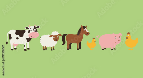 A charming collection of cute farm animals standing in a row. Flat vector illustration of a cow, sheep, horse, pig, and chickens