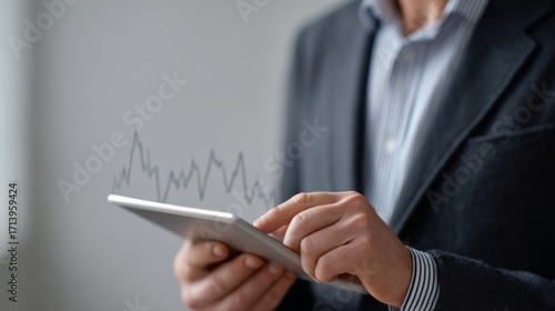 Sleek tech-savvy Caucasian male navigates fluctuating data peaks on a digital tablet, resonating with Pi Approximation Day insights