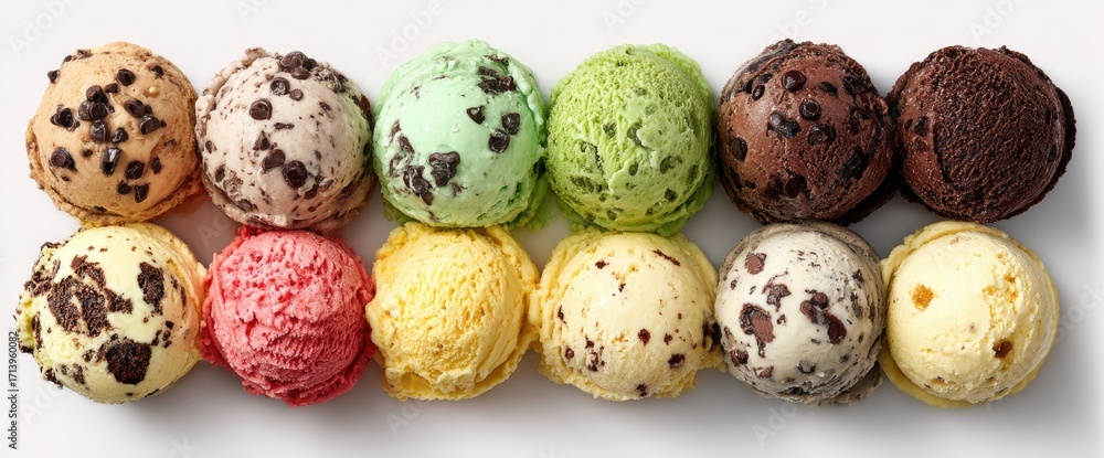 Obraz premium Assorted ice cream scoops, various flavors, displayed on a white surface