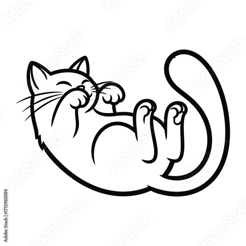 Playful Feline Delight: A charming cartoon cat revels in pure joy, showcasing delightful simplicity and heartwarming appeal, with minimalist line art, creating a whimsical illustration.