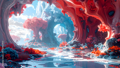Surreal fantasy landscape with vibrant red and blue trees, reflective water, and organic cave structures creating magical