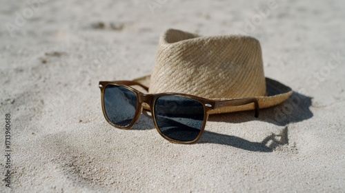 Woven straw hat and vintage sunglasses lounging on sunlit sands whisper serendipity, echoing Midsummer solstice and National Relaxation Day vibes