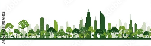 Green cityscape with trees and buildings.  Silhouettes of lush green trees line a city skyline, creating a balanced urban/nature aesthetic