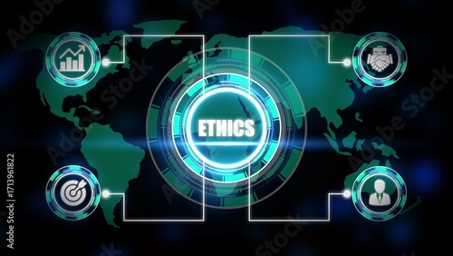 Digital ethics concept with world map and technology icons