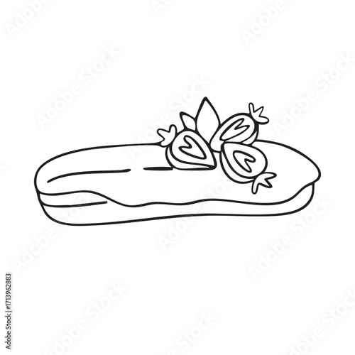 Vector doodle illustration. Eclair, a strawberry pastry. Design element for packaging, holidays, and decorations
