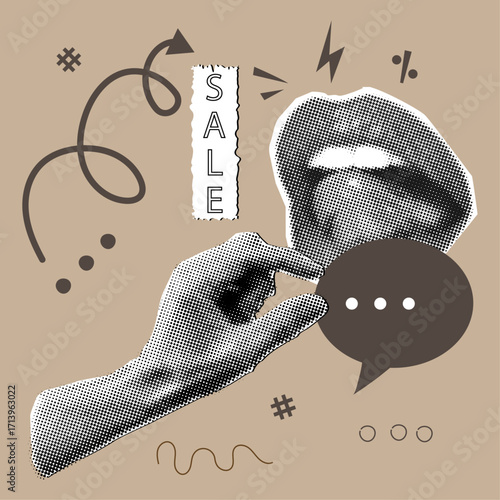 Halftone retro collage with open mouth and gesture hand,speech bubble and scribbles,super sale concept