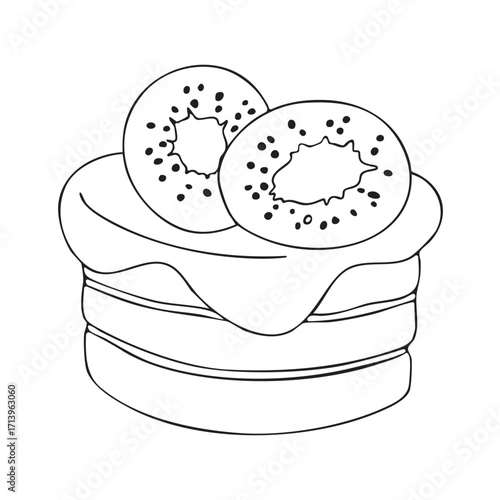 Vector illustration of a cake with icing and kiwi. Outline drawing, coloring. Design element for packaging, holidays, and decorations