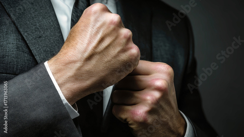 Businessman in handcuffs adopts a defensive pose, symbolizing conflict in corporate culture and law